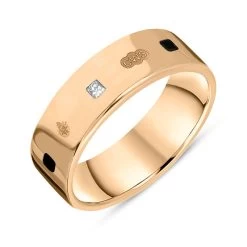 18ct Rose Gold Whitby Jet 0.18ct Diamond Queen's Jubilee Hallmark Princess Cut 6mm Ring