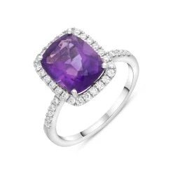 18ct White Gold 2.58ct Amethyst Diamond Shoulder Set Halo Ring
