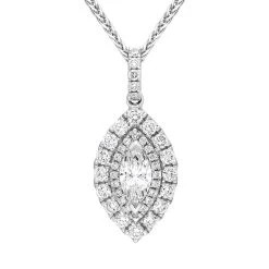 18ct White Gold Diamond Marquise Cut Two Row Cluster Pendant Necklace