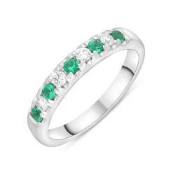 18ct White Gold Emerald Diamond Castle Set Half Eternity Ring