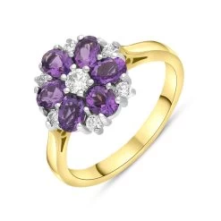 18ct Yellow Gold 0.96ct Amethyst Diamond Cluster Oval Cut Ring