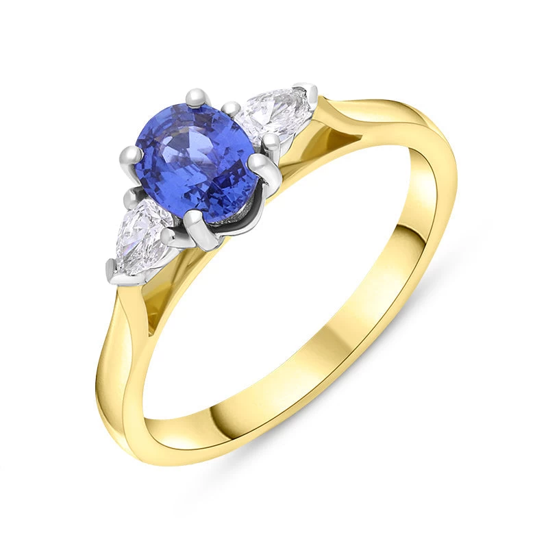 18ct Yellow Gold Sapphire Diamond Three Stone Oval And Pear Cut Ring 1 18ct Yellow Gold Sapphire Diamond Three Stone Oval And Pear Cut Ring