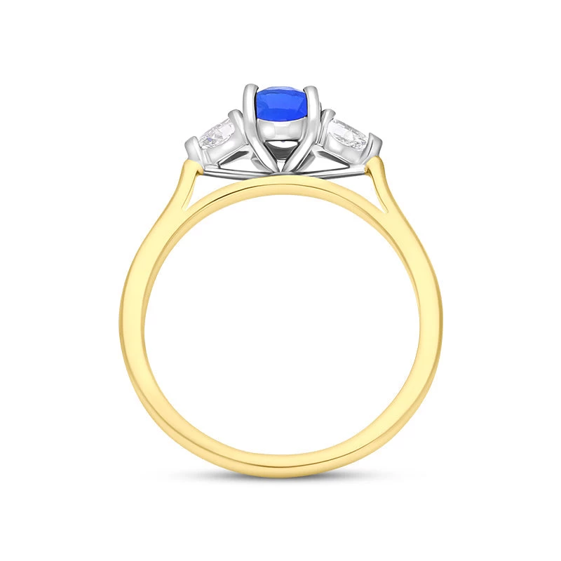 18ct Yellow Gold Sapphire Diamond Three Stone Oval And Pear Cut Ring 2 18ct Yellow Gold Sapphire Diamond Three Stone Oval And Pear Cut Ring - Image 2