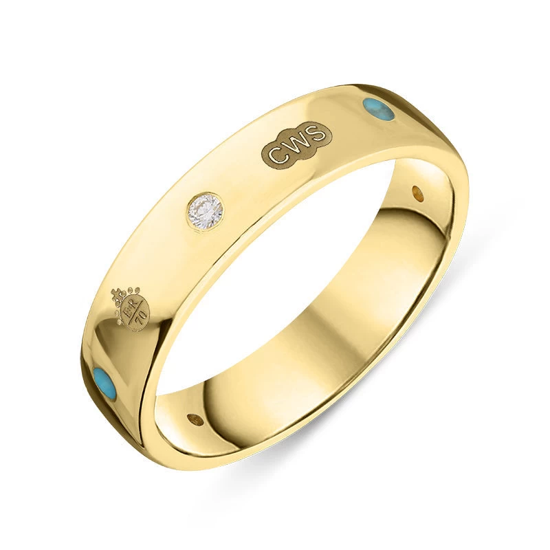 18ct Yellow Gold Turquoise 0.08ct Diamond Queen's Jubilee Hallmark 5mm Ring 1 18ct Yellow Gold Turquoise 0.08ct Diamond Queen's Jubilee Hallmark 5mm Ring