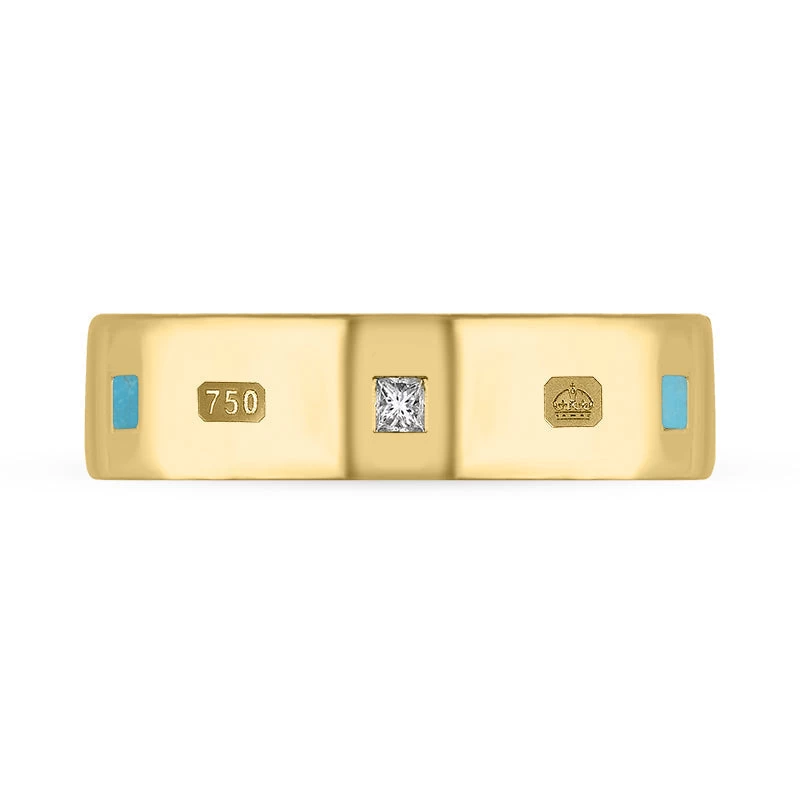 18ct Yellow Gold Turquoise 0.18ct Diamond Queen's Jubilee Hallmark Princess Cut 6mm Ring 2 18ct Yellow Gold Turquoise 0.18ct Diamond Queen's Jubilee Hallmark Princess Cut 6mm Ring - Image 2