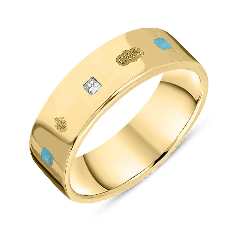 18ct Yellow Gold Turquoise 0.18ct Diamond Queen's Jubilee Hallmark Princess Cut 6mm Ring 1 18ct Yellow Gold Turquoise 0.18ct Diamond Queen's Jubilee Hallmark Princess Cut 6mm Ring