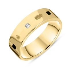 18ct Yellow Gold Whitby Jet 0.18ct Diamond Queen's Jubilee Hallmark Princess Cut 6mm Ring