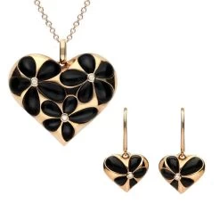 18ct Rose Gold Whitby Jet Diamond Large Flower Heart Two Piece Set