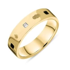 9ct Yellow Gold Whitby Jet 0.12ct Diamond Queen's Jubilee Hallmark Princess Cut 5mm Ring D