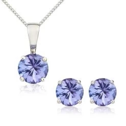 9ct White Gold Tanzanite 5mm Round Claw Set Pendant And Stud Earrings Set