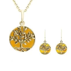 9ct Yellow Gold Amber Round Large Leaves Tree Of Life Two Piece Set