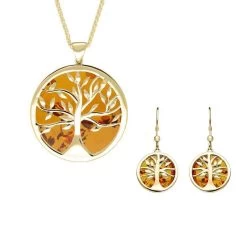 9ct Yellow Gold Amber Large Round Tree Of Life Two Piece Set