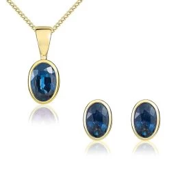 9ct Yellow Gold Sapphire 6x4mm Oval Rub Over Set Pendant And Stud Earrings Set