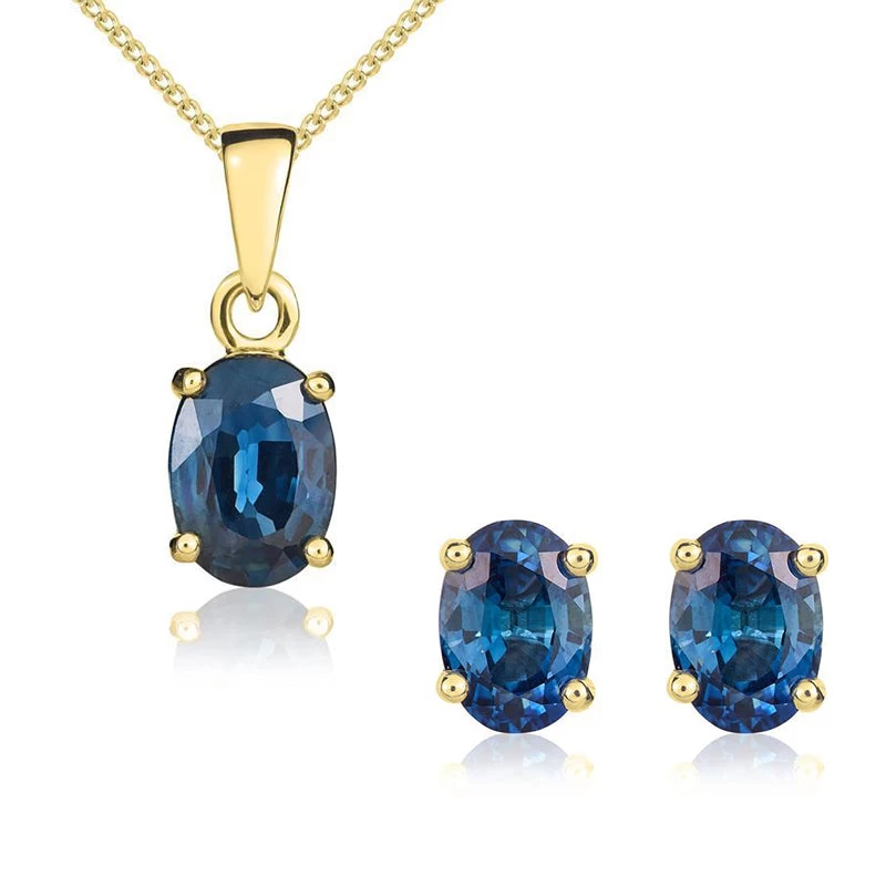 9ct Yellow Gold Sapphire 7x5mm Oval Claw Set Pendant And Stud Earrings Set 1 9ct Yellow Gold Sapphire 7x5mm Oval Claw Set Pendant And Stud Earrings Set