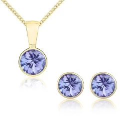 9ct Yellow Gold Tanzanite 5mm Round Rub Over Set Pendant And Stud Earrings Set