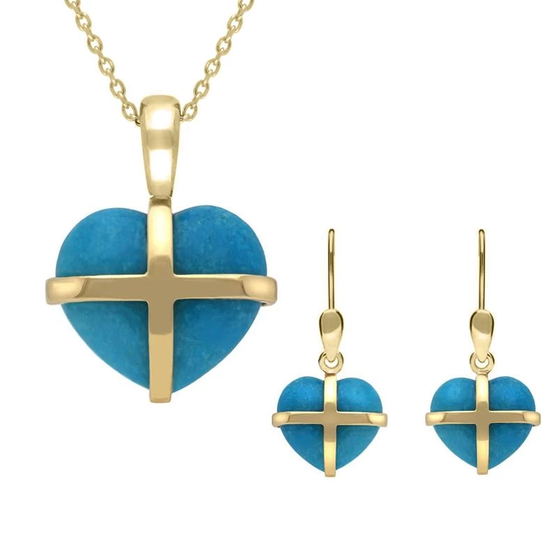 9ct Yellow Gold Turquoise Small Cross Heart Two Piece Set 1 9ct Yellow Gold Turquoise Small Cross Heart Two Piece Set