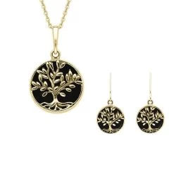 9ct Yellow Gold Whitby Jet Round Large Leaves Tree Of Life Two Piece Set