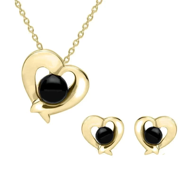 9ct Yellow Gold Whitby Jet Abstract Heart Two Piece Set 1 9ct Yellow Gold Whitby Jet Abstract Heart Two Piece Set