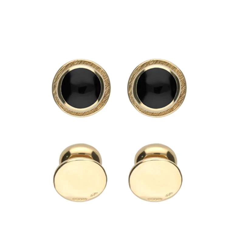9ct Yellow Gold Whitby Jet Framed Round Shirt Studs 1 9ct Yellow Gold Whitby Jet Framed Round Shirt Studs