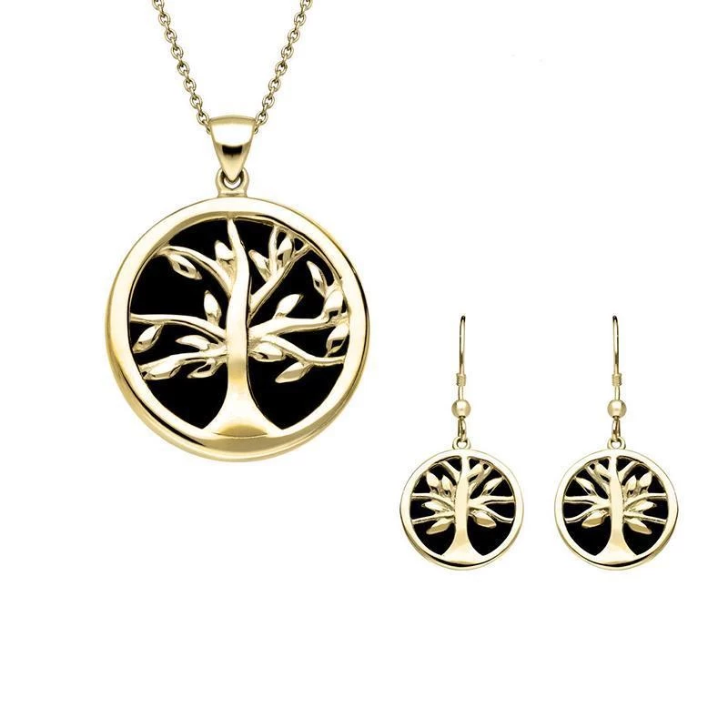 9ct Yellow Gold Whitby Jet Medium Round Tree Of Life Two Piece Set