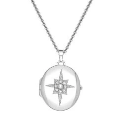 Sterling Silver Cubic Zirconia Star Centre Oval Keepsake Locket