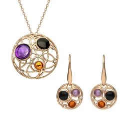 Rose Gold Plated Sterling Silver Whitby Jet Amethyst Amber Open Circle Two Piece Set