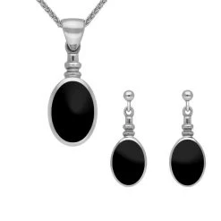 Sterling Silver Whitby Jet Oval Bottle Top Two Piece Set