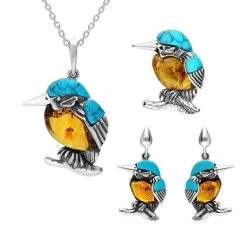Sterling Silver Amber Turquoise Medium Kingfisher Three Piece Set