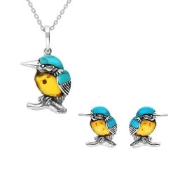 Sterling Silver Amber Turquoise Small Kingfisher Two Piece Set