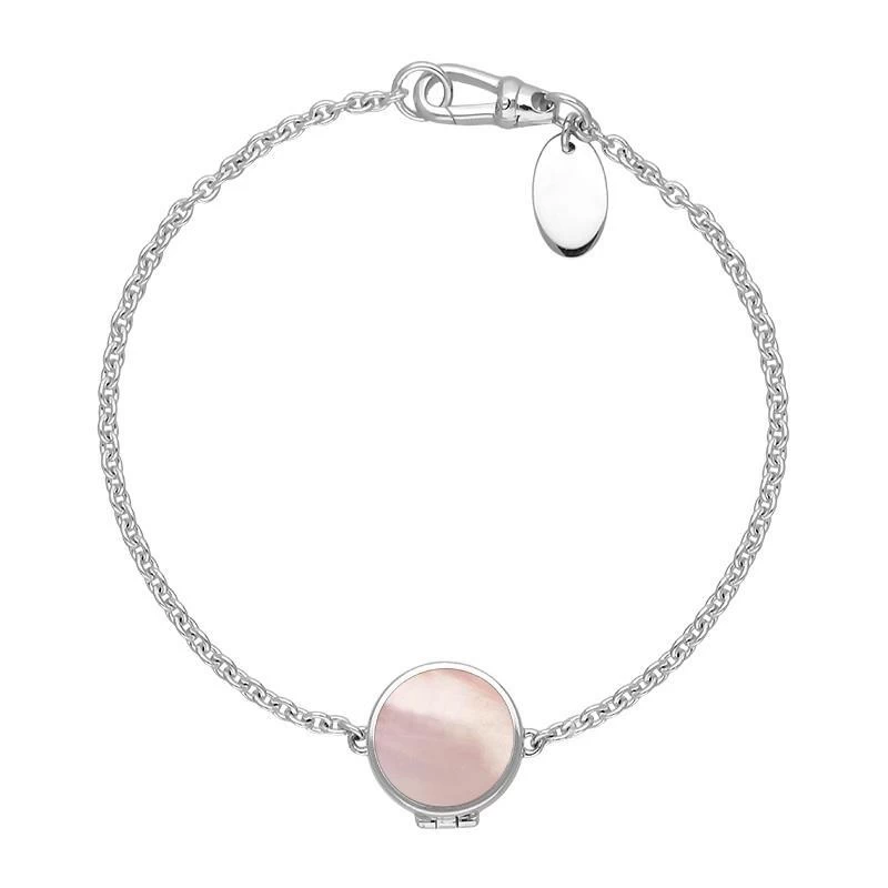 Sterling Silver Pink Mother Of Pearl Round Locket Chain Bracelet 1 Sterling Silver Pink Mother Of Pearl Round Locket Chain Bracelet