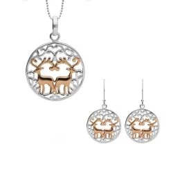 Rose Gold Plated Sterling Silver Round Pierced Reindeer Two Piece Set