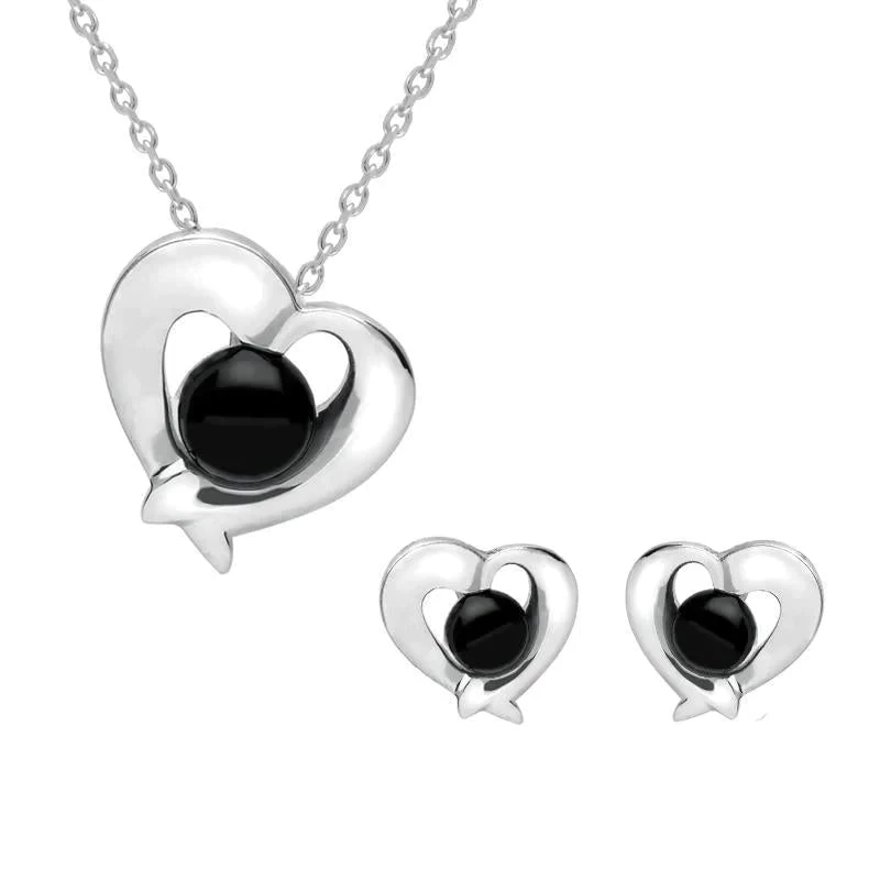 Sterling Silver Whitby Jet Abstract Heart Two Piece Set 1 Sterling Silver Whitby Jet Abstract Heart Two Piece Set
