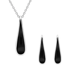 Sterling Silver Whitby Jet Curved Pear Two Piece Set
