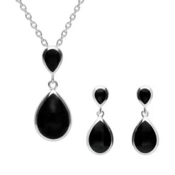 Sterling Silver Whitby Jet Double Pear Drop Two Piece Set