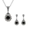 Sterling Silver Whitby Jet Marcasite Pearl Pear Drop Two Piece Set