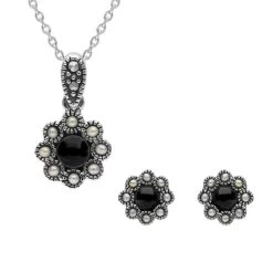 Sterling Silver Whitby Jet Pearl Round Bead Edge Two Piece Set