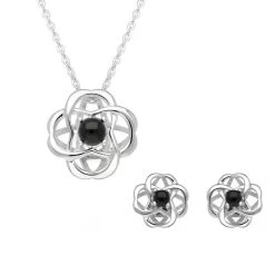 Sterling Silver Whitby Jet Open Round Flower Two Piece Set