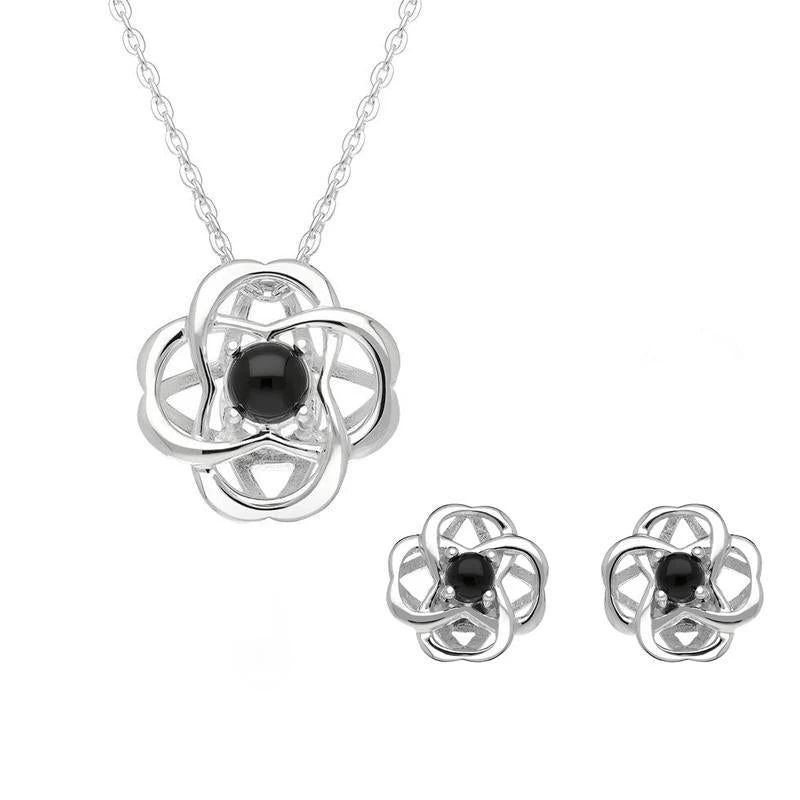 Sterling Silver Whitby Jet Open Round Flower Two Piece Set 1 Sterling Silver Whitby Jet Open Round Flower Two Piece Set