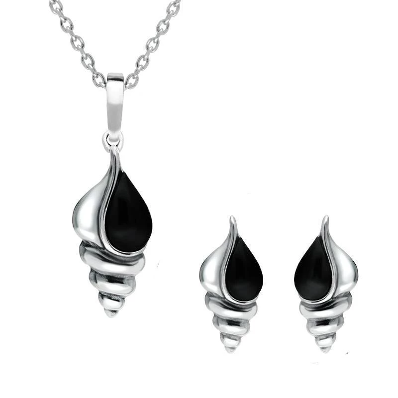 Sterling Silver Whitby Jet Shell Two Piece Set 1 Sterling Silver Whitby Jet Shell Two Piece Set