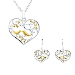 Yellow Gold Plated Sterling Silver Bird And Vine Open Heart Two Piece Set