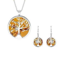 Sterling Silver Amber Large Round Tree Of Life Two Piece Set
