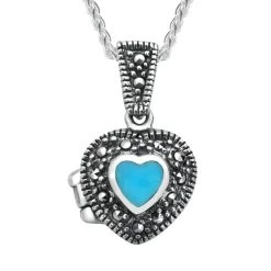 Sterling Silver Turquoise Marcasite Small Bead Edge Heart Locket