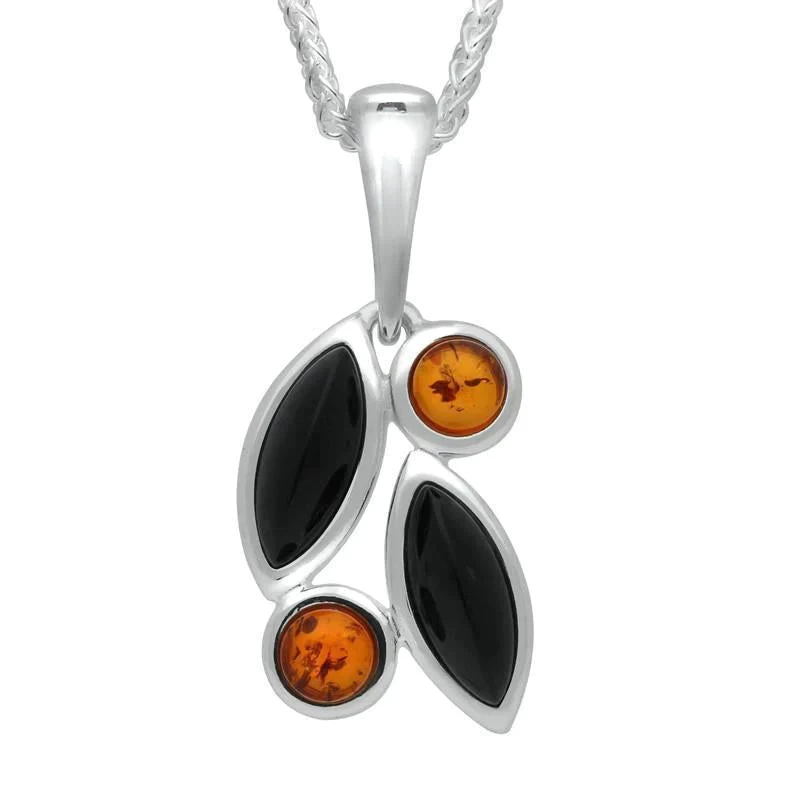 Sterling Silver Whitby Jet Amber Four Stone Leaf Drop Two Piece Set - Image 2