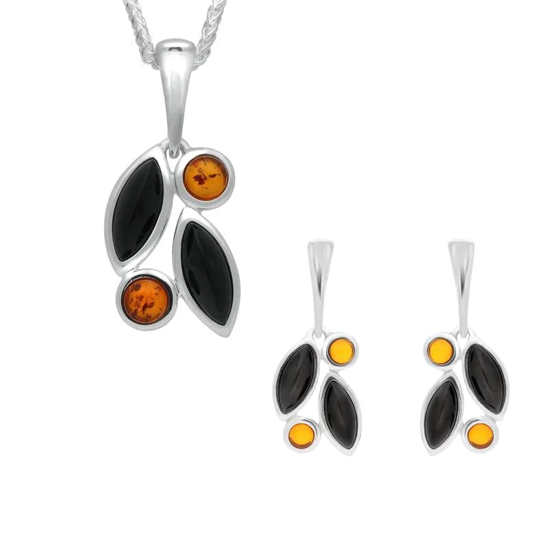 Sterling Silver Whitby Jet Amber Four Stone Leaf Drop Two Piece Set