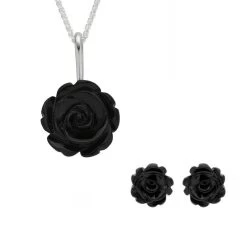 Sterling Silver Whitby Jet Tuberose Rose Two Piece Set