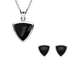 Sterling Silver Whitby Jet Curved Triangle Two Piece Set