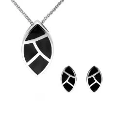 Sterling Silver Whitby Jet Four Stone Leaf Shaped Two Piece Set