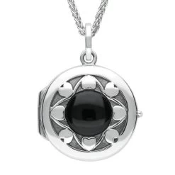 Sterling Silver Whitby Jet Heart Edge Circular Locket