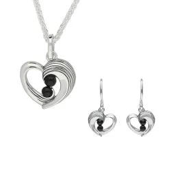 Sterling Silver Whitby Jet Half Ridge Stone Heart Two Piece Set