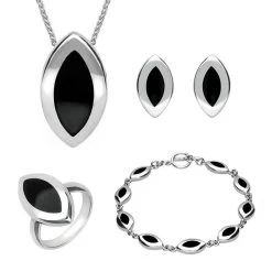 Sterling Silver Whitby Jet Marquise Four Piece Set